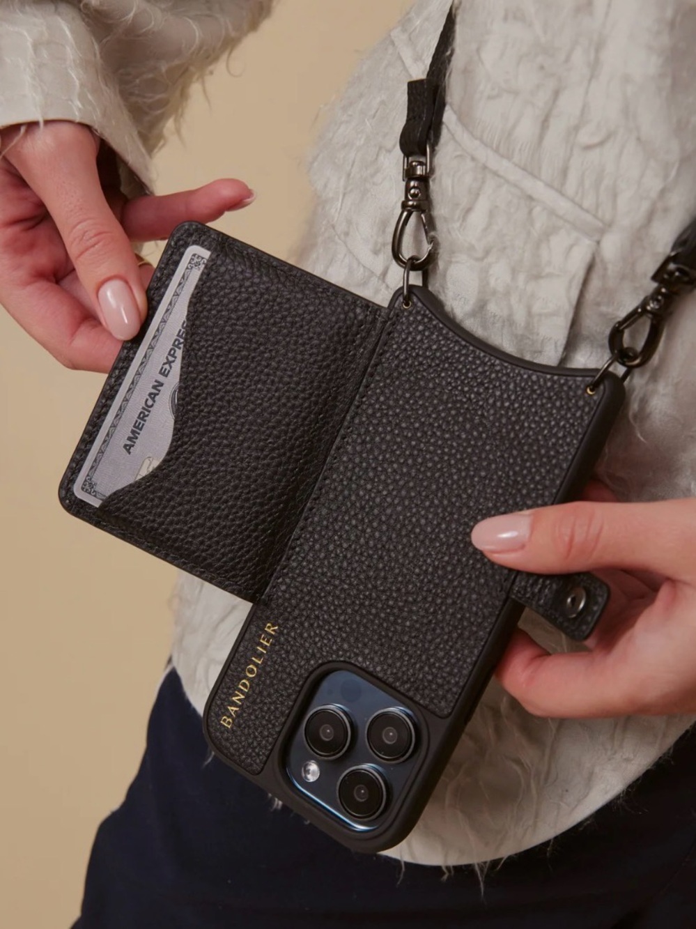 Bandolier Black Leather Crossbody Phone Case with Strap for iPhone 15 ProMax